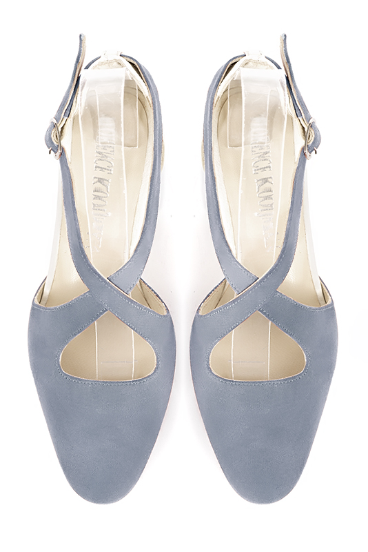 Mouse grey and off white women's open side shoes, with crossed straps.. Top view - Florence KOOIJMAN